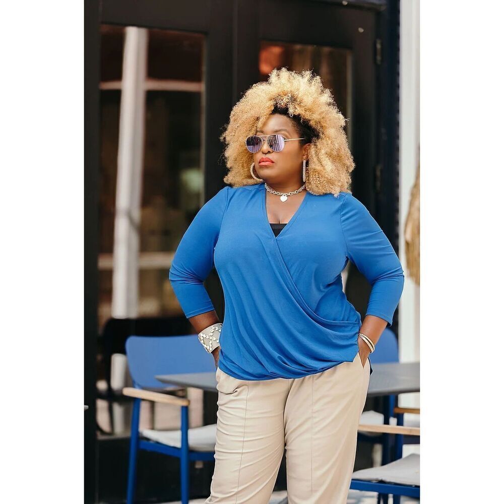 Shavonne Dorsey Rania Top, 3/4 sleeve, front drape